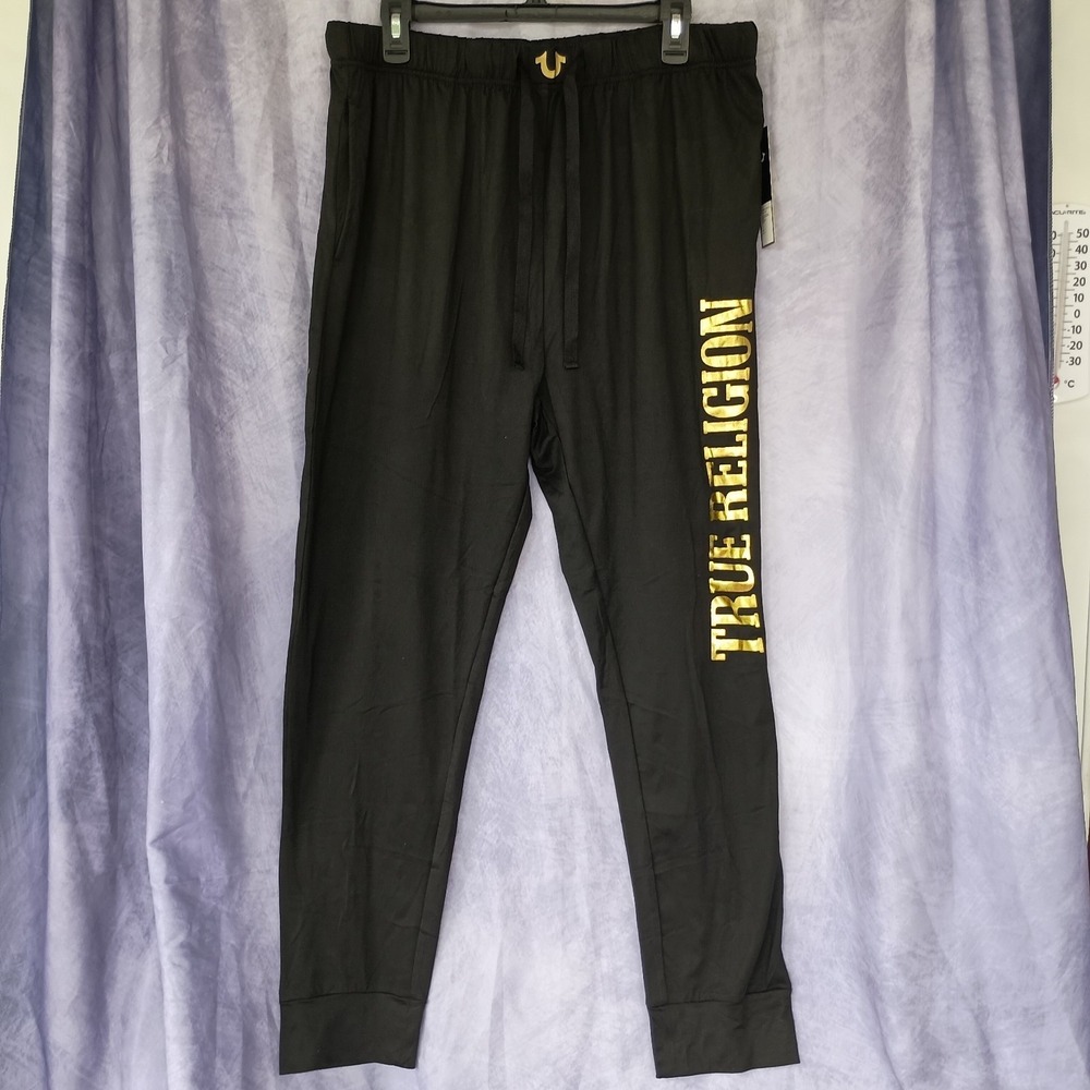 True Religion Black Lounge Jogger Pants Gold Logo Men's NWT